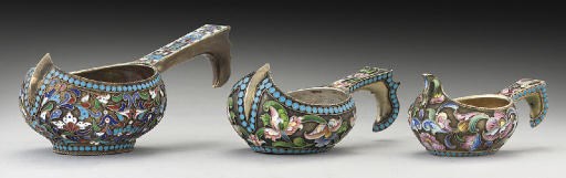 A GROUP OF THREE RUSSIAN SILVER-GILT & CLOISONNE ENAMEL KOVSHI,