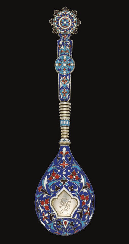 A LATE 19TH CENTURY RUSSIAN SILVER-GILT & CLOISONNE SPOON,