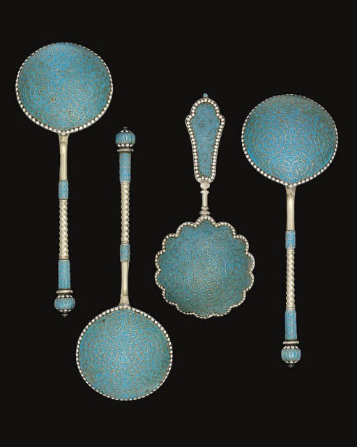 A SET OF THREE LATE 19TH CENTURY RUSSIAN SILVER-GILT & CLOISONNE ENAMEL SPOONS,