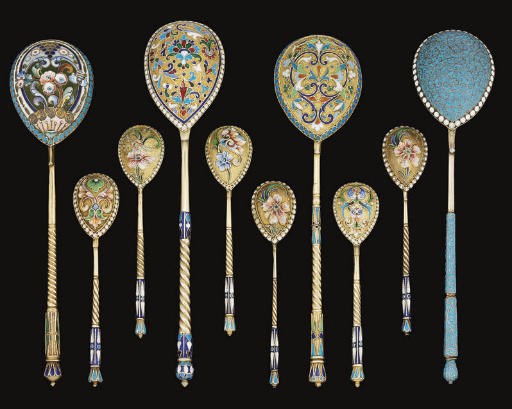 A GROUP OF TEN RUSSIAN SILVER-GILT & CLOISONNE ENAMEL SPOONS,