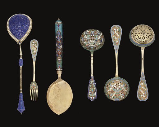 A GROUP OF FIVE RUSSIAN & ONE NORWEGIAN SILVER-GILT & CLOISONNE ENAMEL SPOONS & SERVERS,