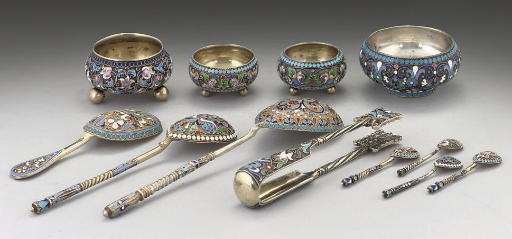 A GROUP OF RUSSIAN SILVER-GILT & CLOISONNE ENAMEL ITEMS,