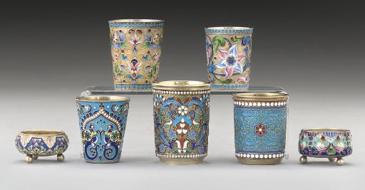 A GROUP OF FIVE SMALL RUSSIAN SILVER-GILT & CLOISONNE ENAMEL BEAKERS & TWO SMALL SALTS,
