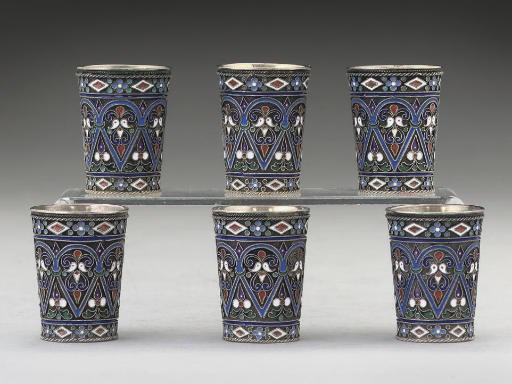 A SET OF SIX SMALL LATE 19TH CENTURY RUSSIAN SILVER-GILT & CLOISONNE VODKA TOTS OF BEAKER FORM,