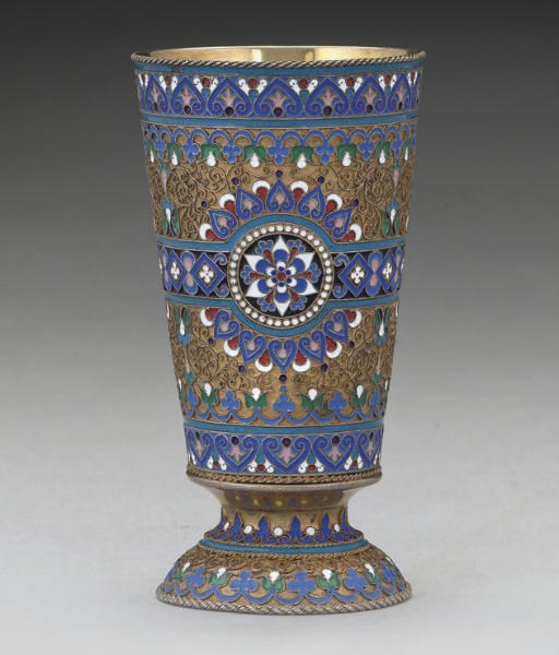 A LATE 19TH CENTURY RUSSIAN SILVER-GILT & CLOISONNE ENAMEL BEAKER,