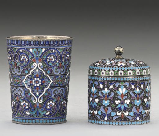 A LATE 19TH CENTURY RUSSIAN SILVER-GILT & CLOISONNE ENAMEL BEAKER,