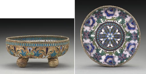 A LATE 19TH CENTURY RUSSIAN SILVER-GILT & CLOISONNE ENAMEL BRATINA ,