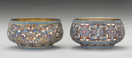 TWO LATE 19TH CENTURY RUSSIAN SILVER-GILT & CLOISONNE ENAMEL SUGAR BOWLS,