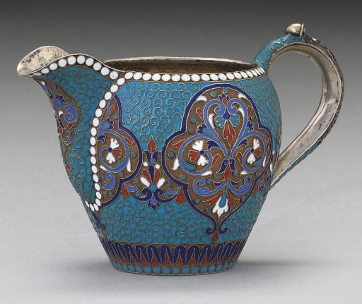 A LATE 19TH CENTURY RUSSIAN SILVER-GILT & CLOISONNE ENAMEL CREAM JUG,