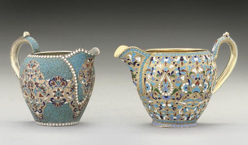 TWO RUSSIAN SILVER-GILT & CLOISONNE ENAMEL CREAM JUGS,