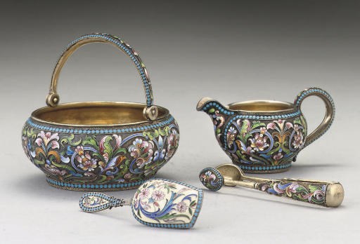 A LATE 19TH/EARLY 20TH CENTURY RUSSIAN SILVER-GILT & SHADED CLOISONNE ENAMEL CREAM JUG, SUGAR BOWL & SUGAR TONGS EN SUITE,