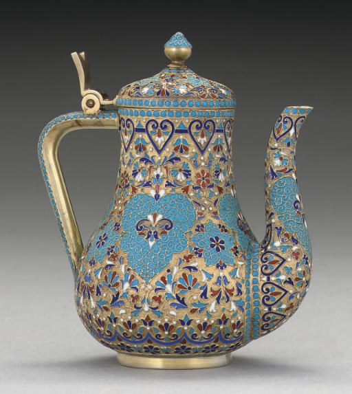 A SMALL LATE 19TH CENTURY RUSSIAN SILVER-GILT & CLOISONNE ENAMEL COFFEE POT,