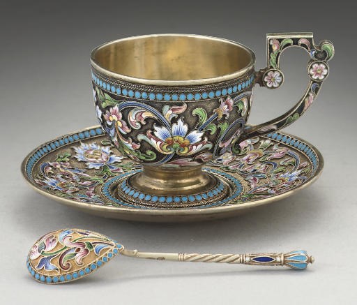 A LATE 19TH CENTURY RUSSIAN SILVER-GILT & ENAMEL COFFEE CUP, SAUCER & SPOON,