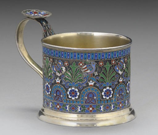 A LATE 19TH CENTURY RUSSIAN SILVER-GILT & CLOISONNE ENAMEL LEMON-TEA GLASS HOLDER,