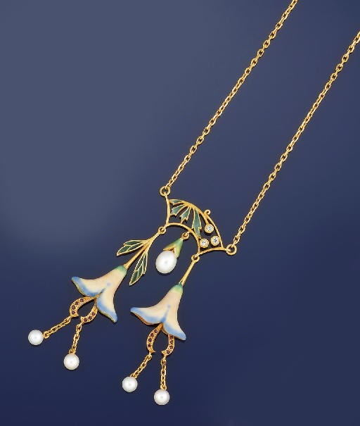 A plique á jour enamel, cultured pearl and diamond necklace, by Masriera