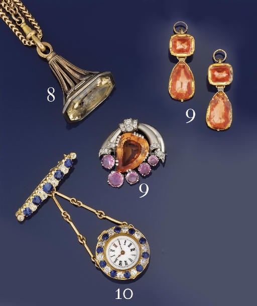 A pair of late 18th/early 19th century topaz ear pendants and a brooch