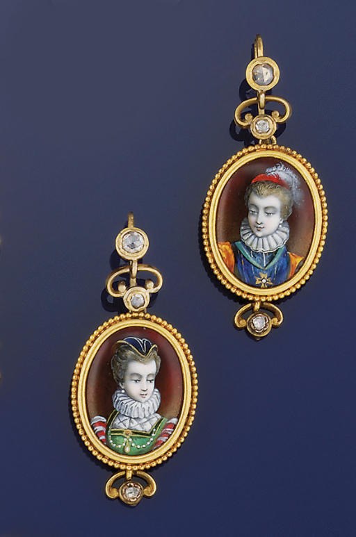 A PAIR OF ENAMEL AND DIAMOND EARPENDANTS