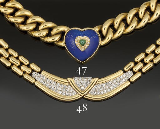 AN EMERALD, DIAMOND AND LAPIS LAZULI SET NECKLACE