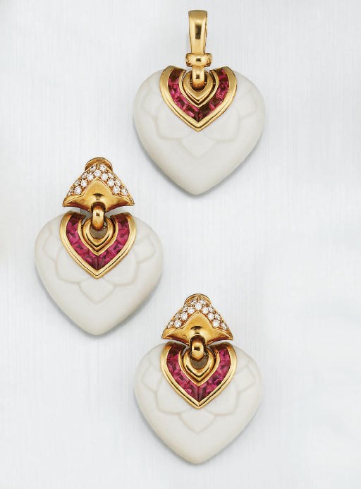 A pair of porcelain, diamond and pink sapphire "Chandra" earpendants and a ring, by Bulgari