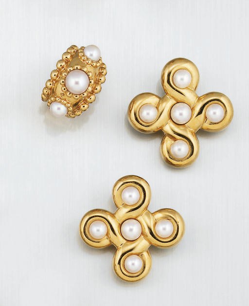 A pair of cultured pearl earclips and a ring, by Chanel