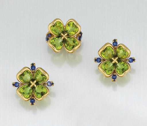 A pair of peridot and tanzanite earclips and ring, by Chanel