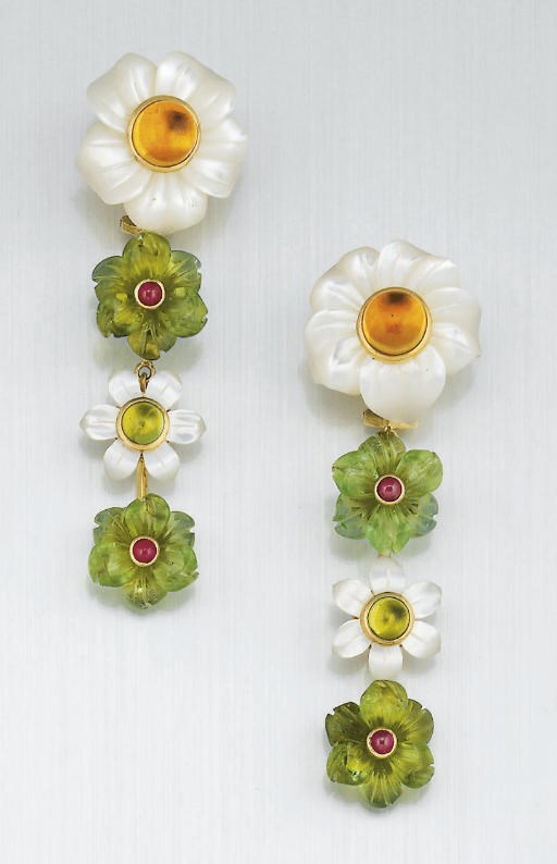A pair of ruby, gem and mother-of-pearl earpendants