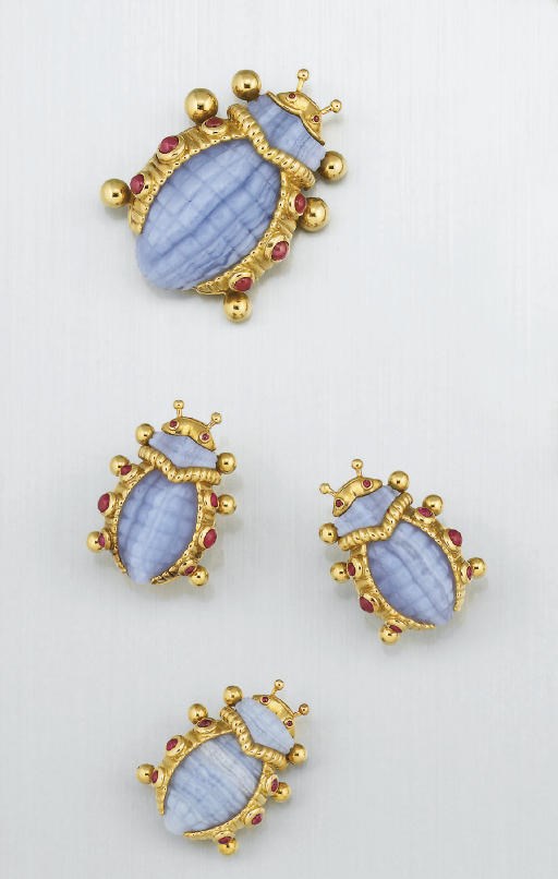A group of agate and ruby bug design jewellery, by Eva Legoura