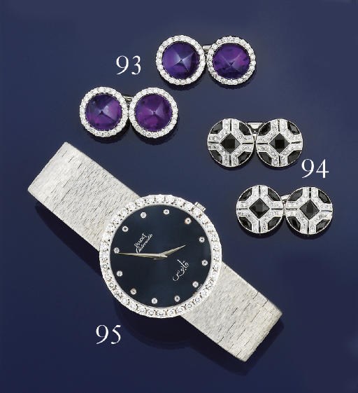 A PAIR OF AMETHYST AND DIAMOND CUFFLINKS