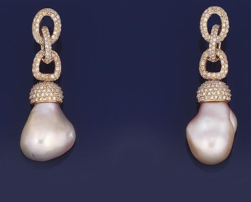 A pair of cultured pearl and diamond earpendants