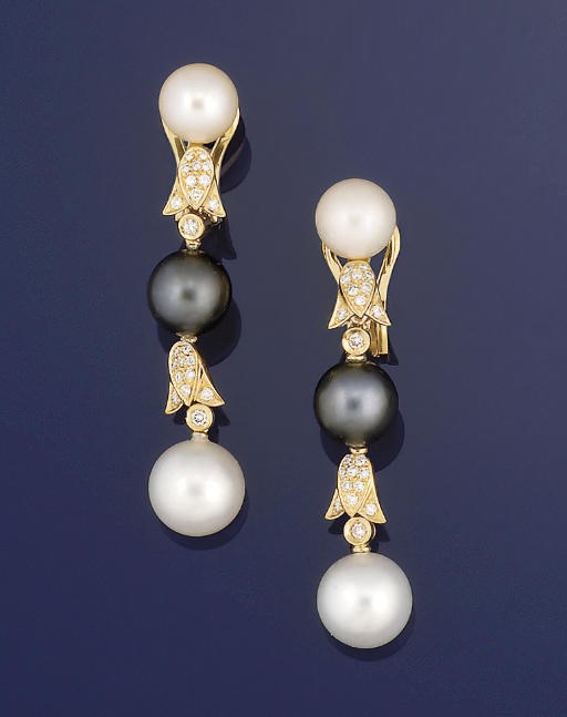 A pair of cultured pearl and diamond ear pendants