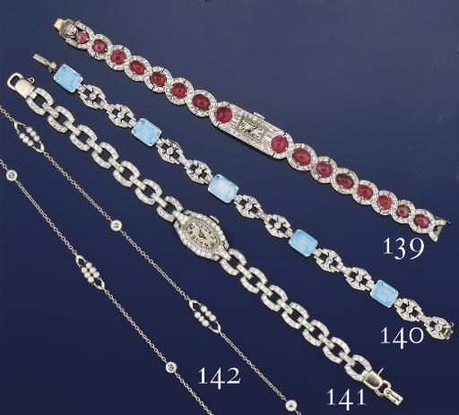 An Art Deco aquamarine and diamond bracelet