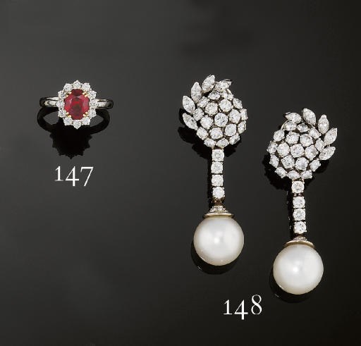 A PAIR OF CULTURED PEARL AND DIAMOND EARPENDANTS