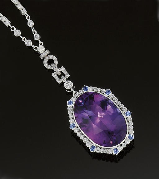 AN AMETHYST, DIAMOND AND SAPPHIRE PENDANT NECKLACE