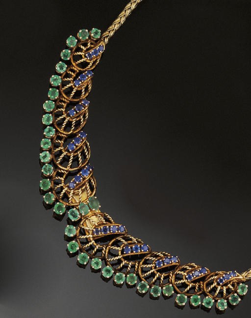 An emerald and sapphire necklace