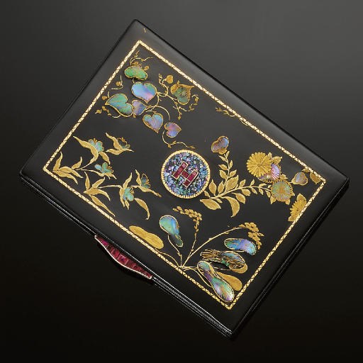 An Art Deco, silver gilt, lacquer, enamel, mother-of-pearl and ruby cigarette case, by Cartier