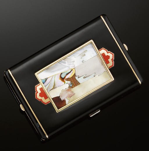 A French Art Deco, enamel and mother-of-pearl compact, by Cartier