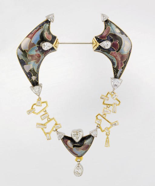A DIAMOND AND ENAMEL JABOT PIN, BY FRED RICH