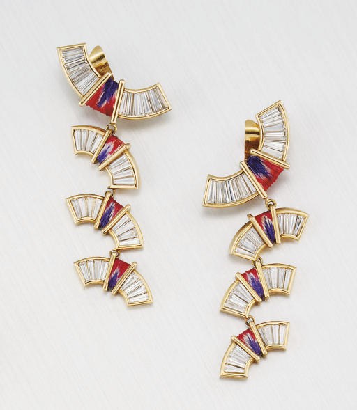 A PAIR OF DIAMOND AND SILK EARPENDANTS