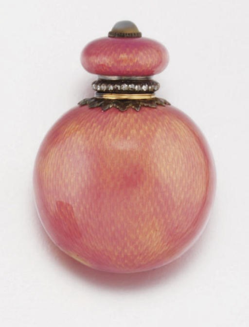A SILVER, GOLD, ENAMEL AND GEM-SET SCENT BOTTLE, BY FABERGE