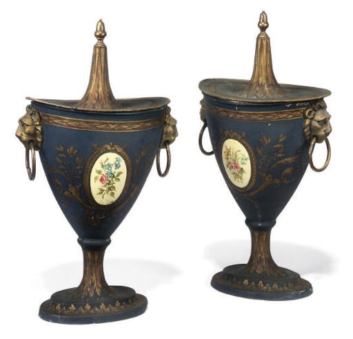 A PAIR OF REGENCY STYLE PAINTED TIN CHESTNUT URNS AND COVERS