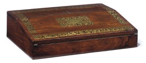 A REGENCY ROSEWOOD AND BRASS INLAID WRITING-SLOPE