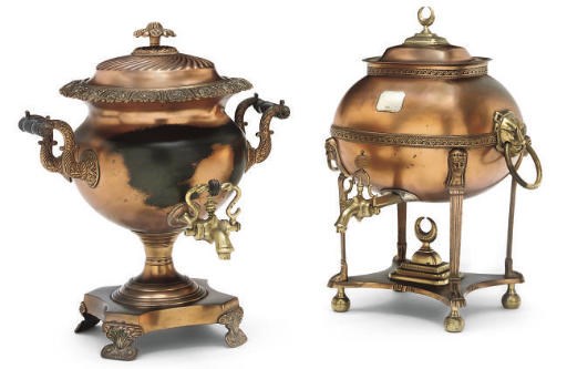TWO REGENCY COPPER AND BRASS-MOUNTED HOT-WATER URNS