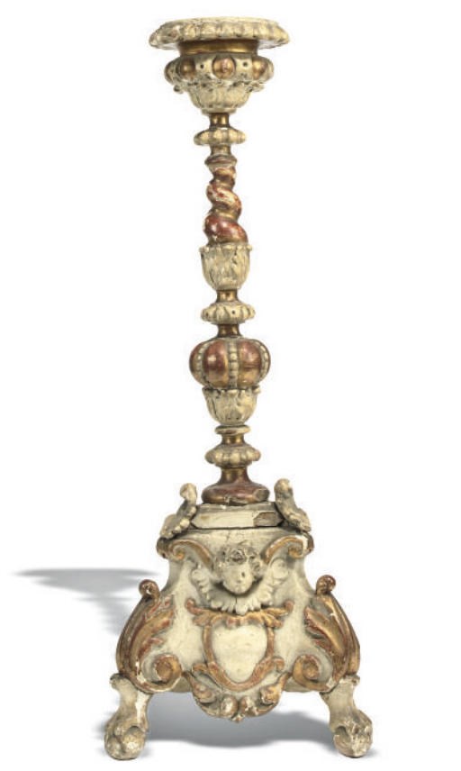 AN ITALIAN GILT-WOOD AND CREAM PAINTED ALTARSTICK