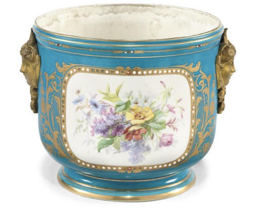 A SÉVRES-STYLE GILT-METAL-MOUNTED TURQUOISE-GROUND CACHE-POT