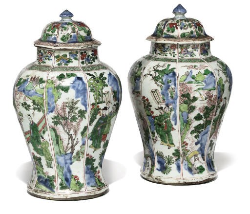 A PAIR OF CHINESE WUCAI FACETED BALUSTER JARS