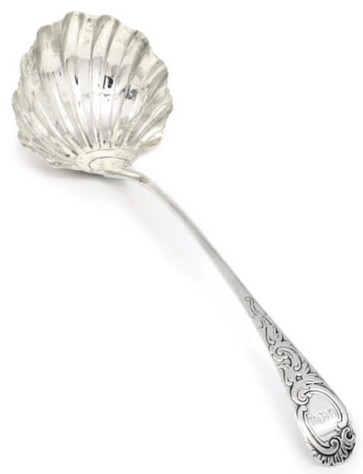 A GEORGE III SILVER SHELL BOWL SOUP LADLE