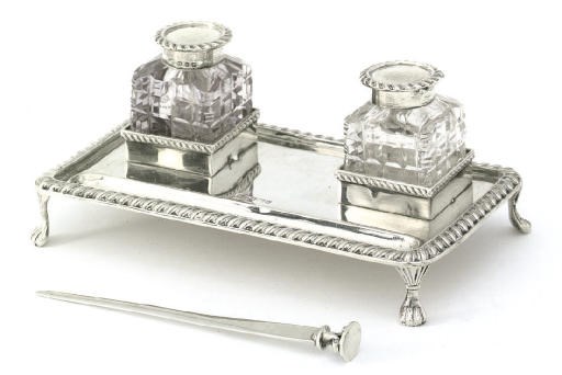 A LATE VICTORIAN SILVER TWO-BOTTLE INKSTAND