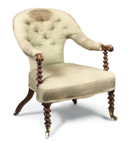 A MID-VICTORIAN WALNUT EASY ARMCHAIR