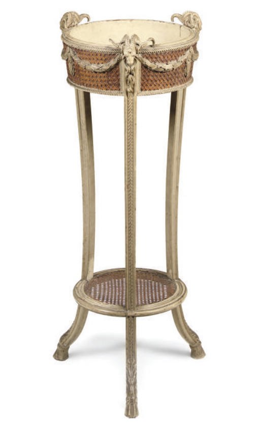 A FRENCH GREY PAINTED AND CANED JARDINERE