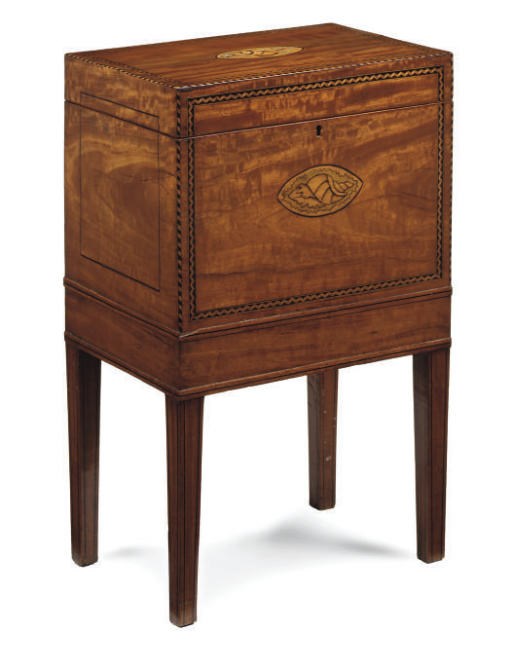 A LATE VICTORIAN SATINWOOD SEWING BOX ON STAND